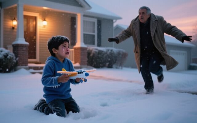 Anciano rescatando a un niño pequeño congelado en la nieve y envolviéndolo con su abrigo en pleno invierno
