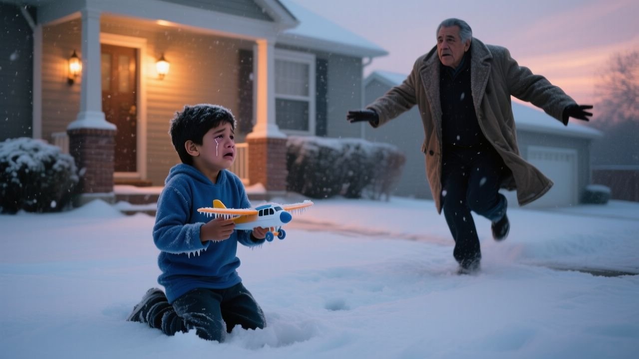 Anciano rescatando a un niño pequeño congelado en la nieve y envolviéndolo con su abrigo en pleno invierno