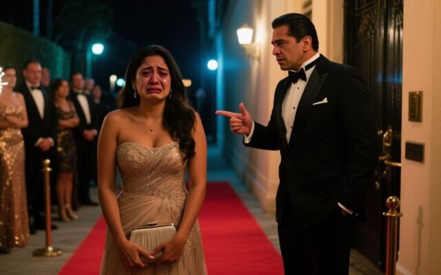 Mujer con vestido azul marino y collar de perlas frente a la alfombra roja de una gala, siendo humillada por su esposo