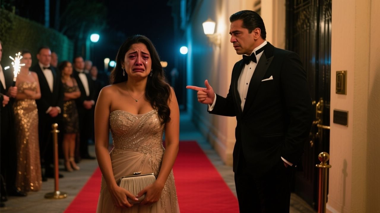 Mujer con vestido azul marino y collar de perlas frente a la alfombra roja de una gala, siendo humillada por su esposo