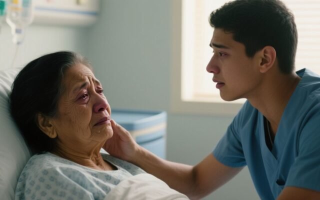 Enfermero joven con cicatriz en la mejilla sosteniendo la mano de una anciana en la habitación de un hospital