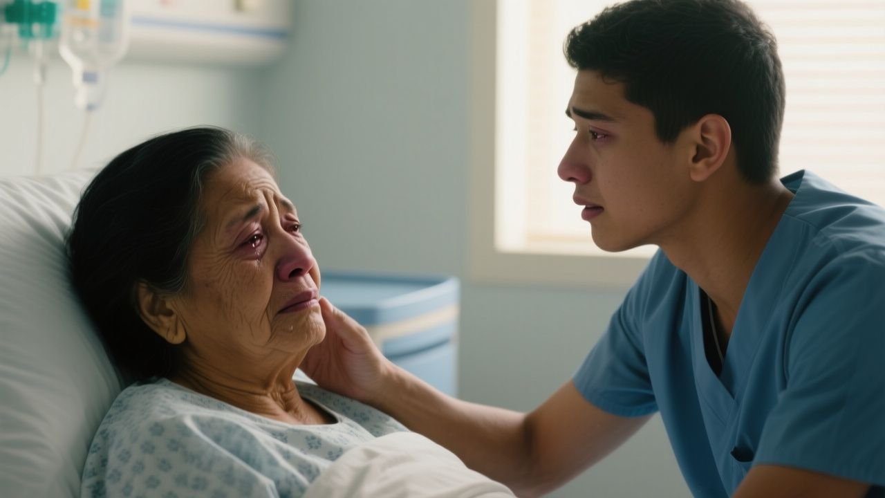 Enfermero joven con cicatriz en la mejilla sosteniendo la mano de una anciana en la habitación de un hospital