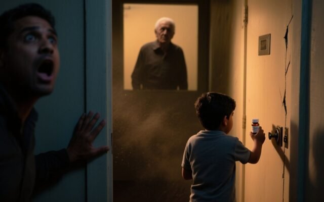 Niño de 7 años sosteniendo un vaso de agua frente a una puerta cerrada con candado en un pasillo de casa
