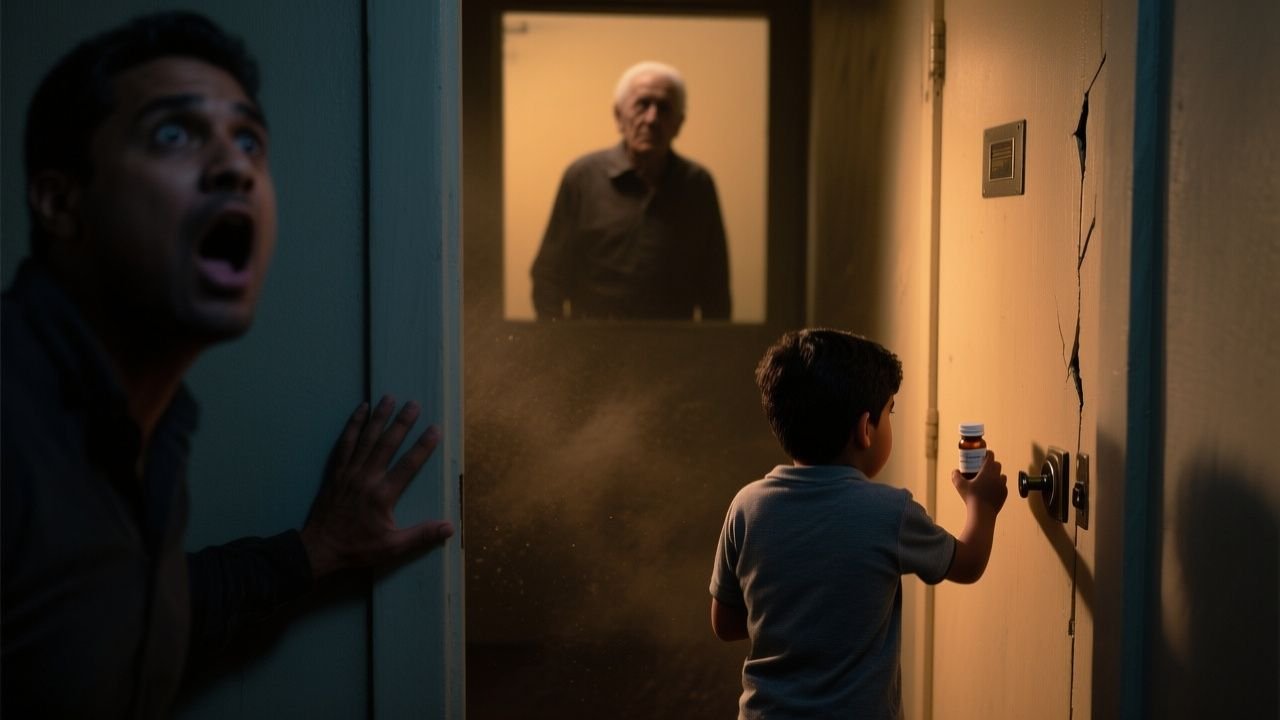 Niño de 7 años sosteniendo un vaso de agua frente a una puerta cerrada con candado en un pasillo de casa