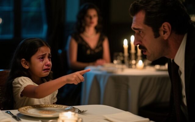 Niña de nueve años sujetando la muñeca de su padre en una mesa de restaurante elegante para evitar que pruebe la sopa envenen