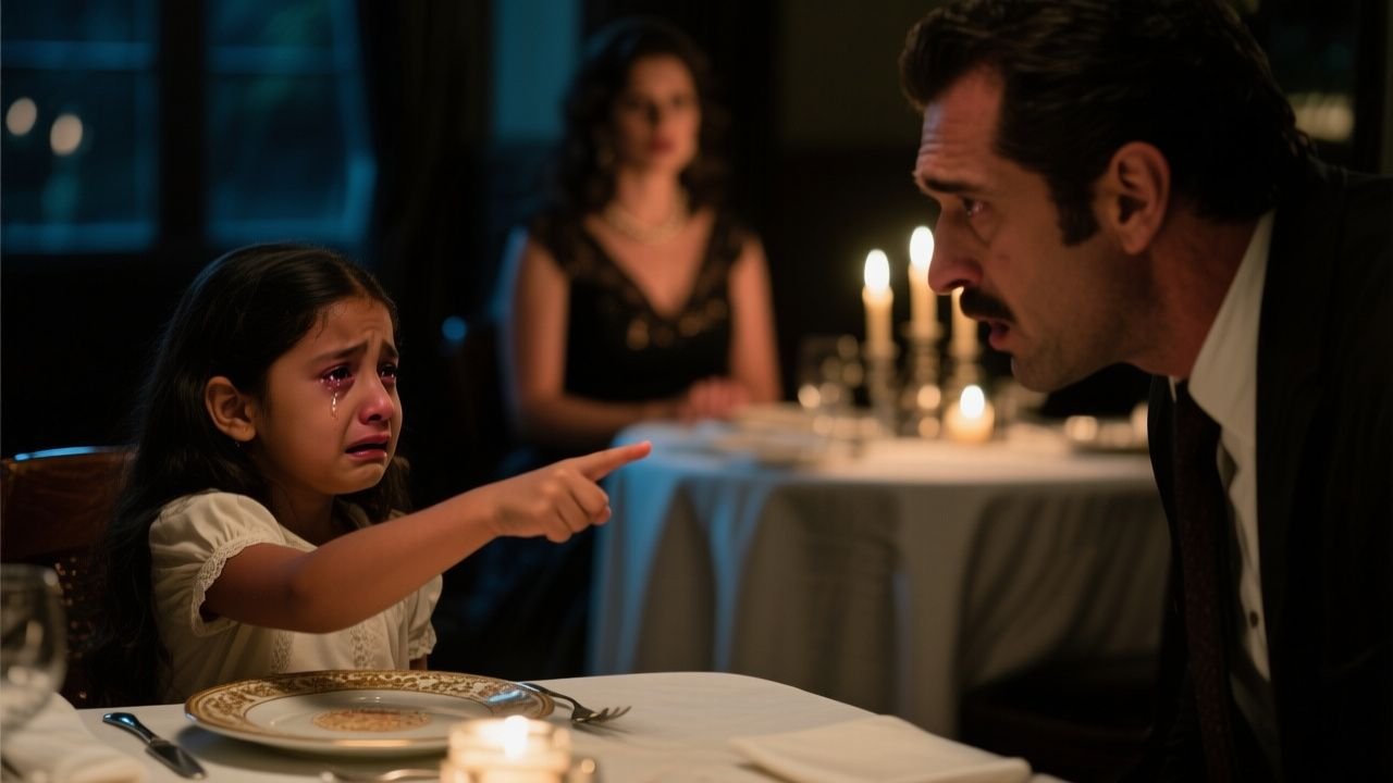 Niña de nueve años sujetando la muñeca de su padre en una mesa de restaurante elegante para evitar que pruebe la sopa envenen