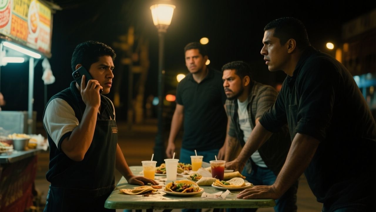 Taquero de delantal manchado sosteniendo un celular viejo frente a su puesto de tacos de canasta en la noche